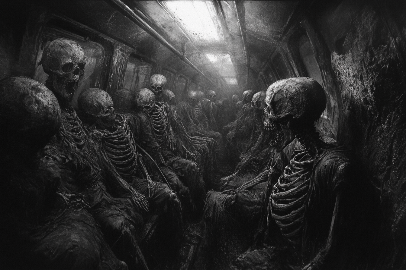 Hellish subway with undead skeletons in cramped wagon.