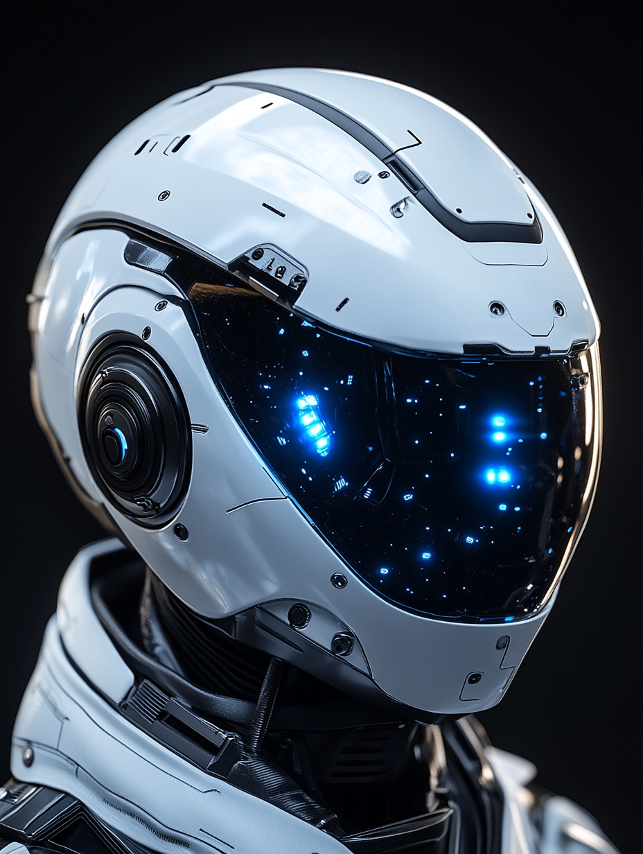 Helmet with blue LED lights on reflective metallic surface.