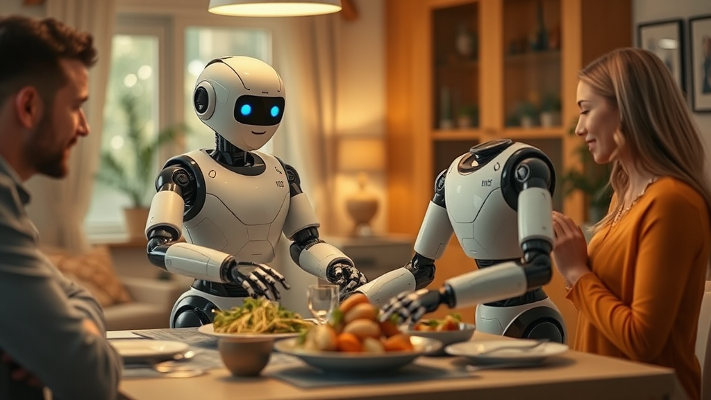 Helpful robot sets dinner table for family.