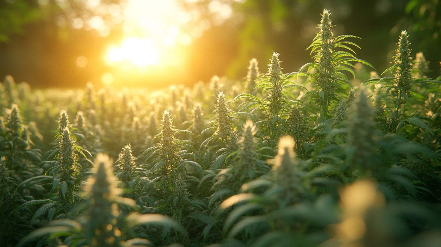 Hemp plants in desert field under bright sunlight.