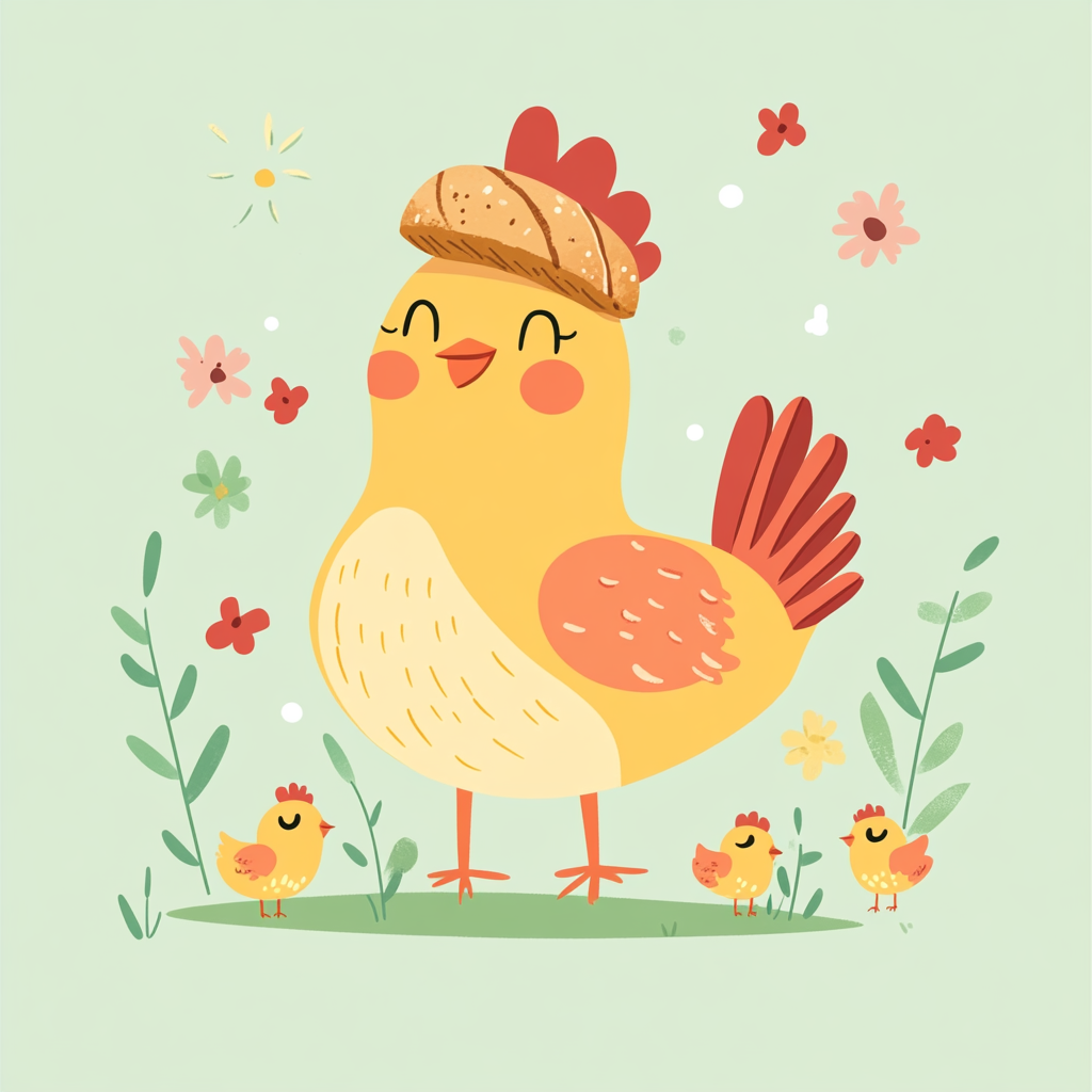 Hen wearing bread hat, chicks around, cute cartoon design.