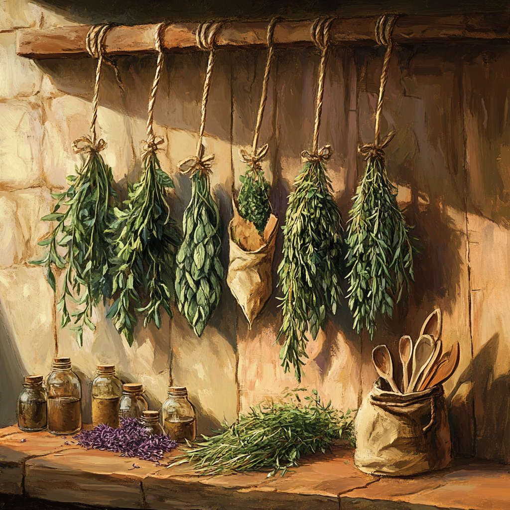 Herb Bundles Drying in a Rustic Kitchen