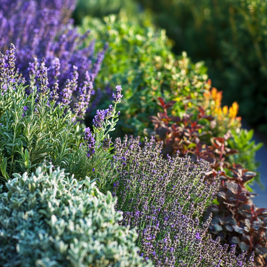 Herb garden in sea of lavender plants, rosemary, basil.