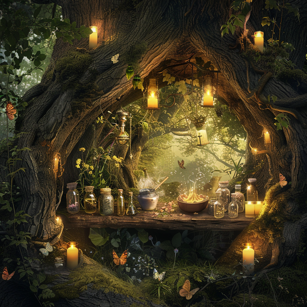 Herbal apothecary hidden in tree with candles, cauldron.