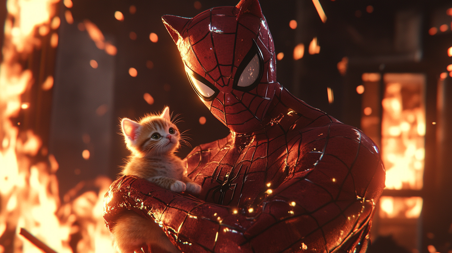 Heroic Cat Spider-Man saves kitten from burning room.