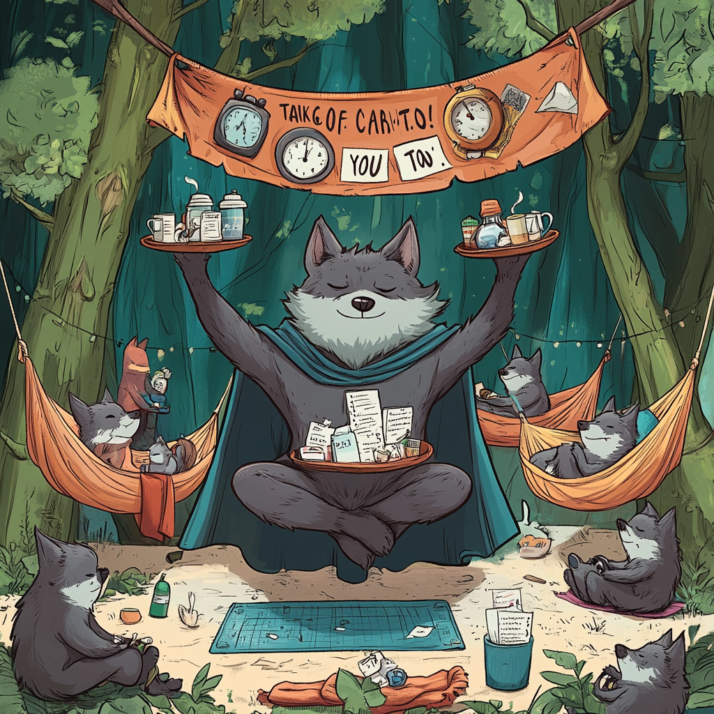 Heroic wolf juggles clocks, lists, coffee, meditates; friends relax.