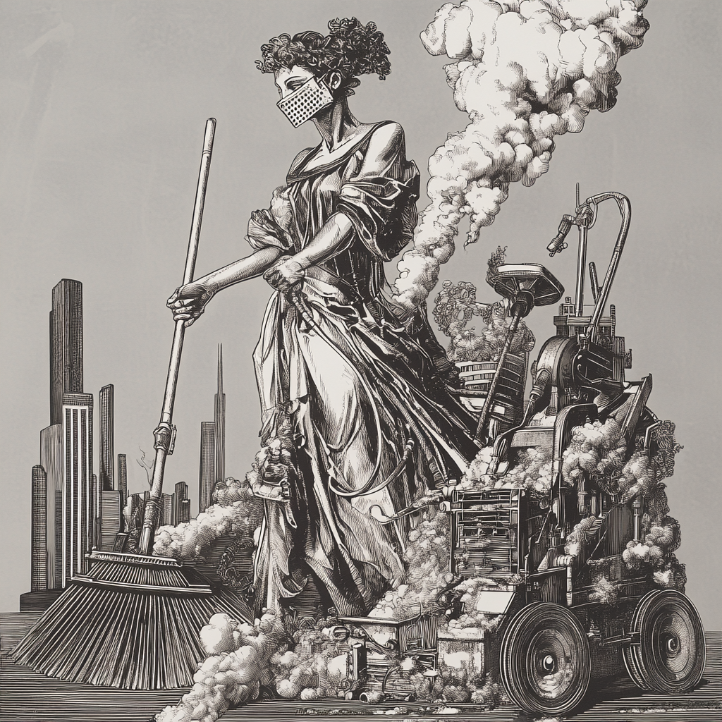 Hestia fighting city dust with modern technology, etching illustration.