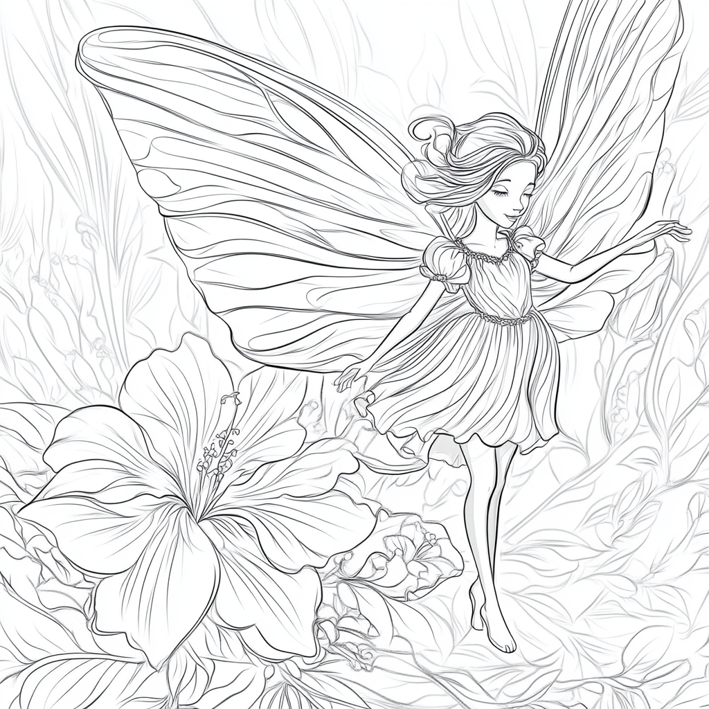 Hibiscus Fairy: Tim Burton-Inspired Cartoon Coloring Page