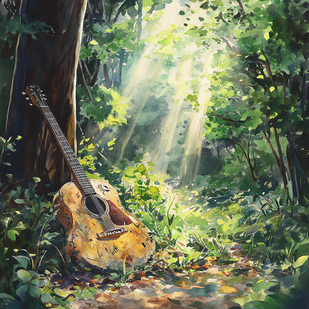 Hidden broken guitar in magical forest sunlight.