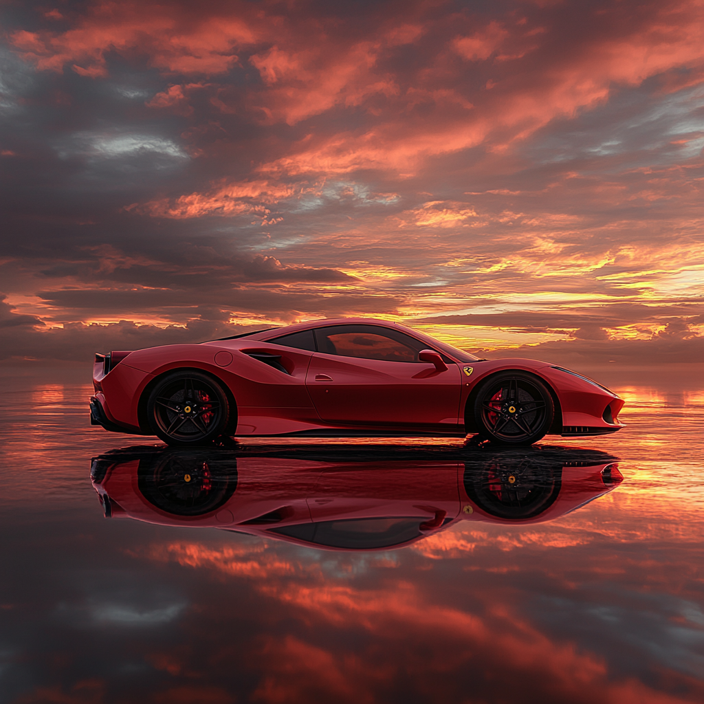 High-Resolution Ferrari Image Under Sunset Sky 