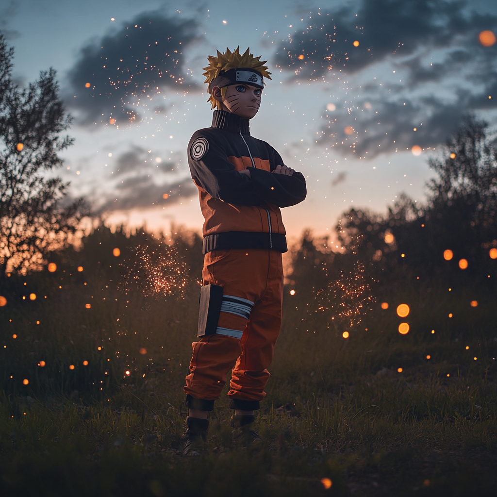 High-Resolution Naruto Standing in Field with Sparks Background