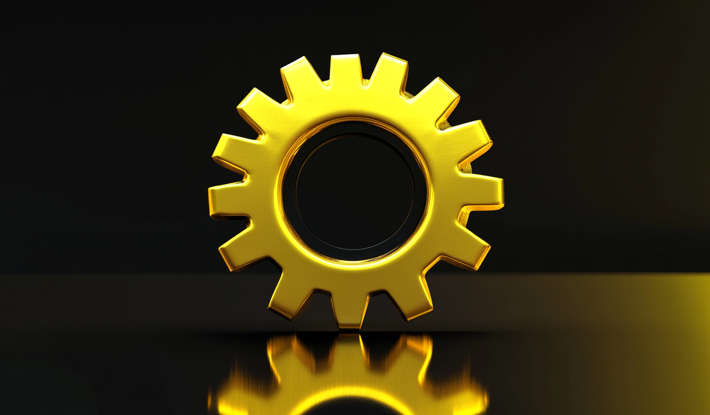 High-Resolution Yellow Gear Icon on Reflective Surface