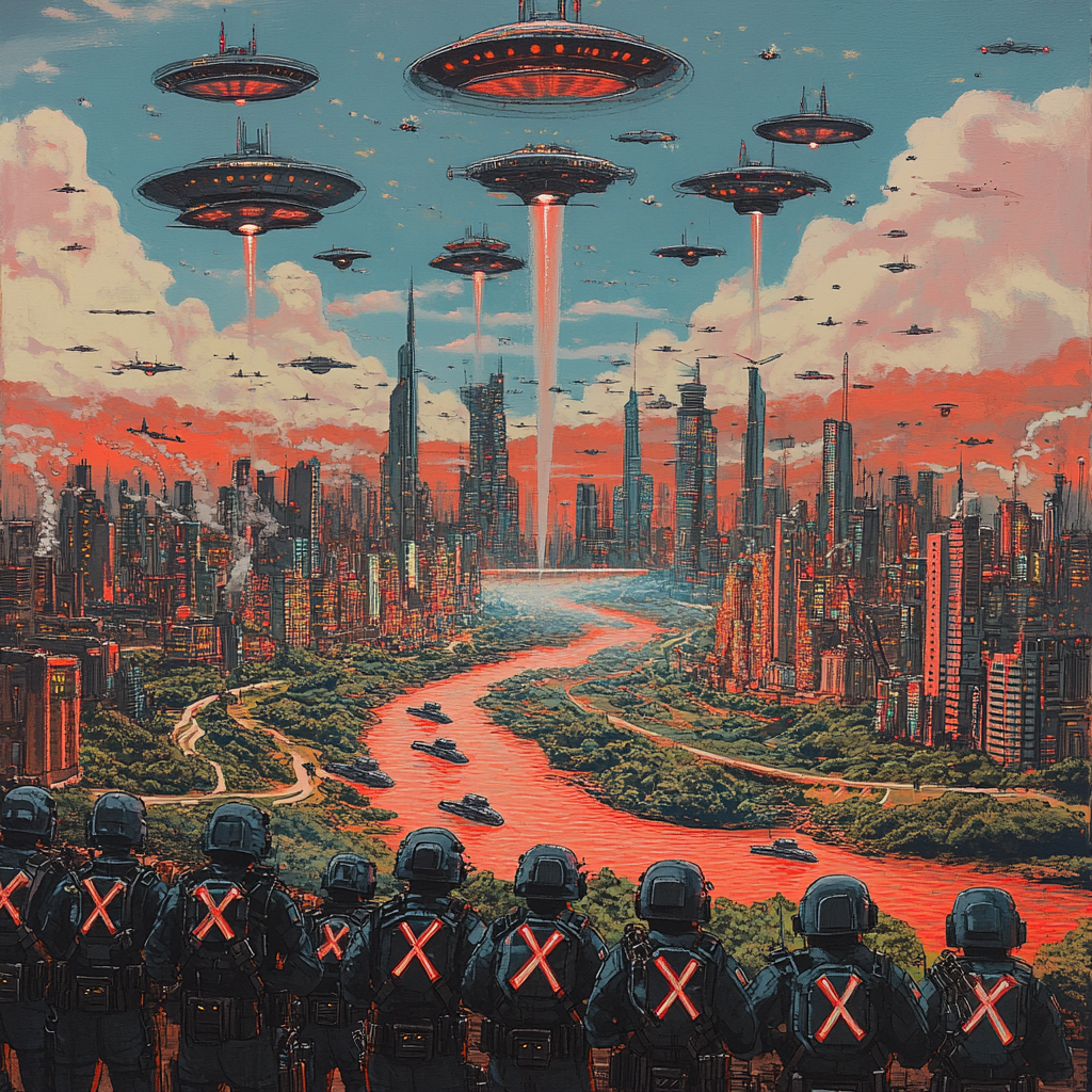 High Tech Army with X Symbols, UFO Fleet, Cityscape by Matt Furie