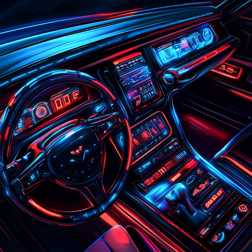 High-Tech Dashboard with Holographic Elements and Neon Lights