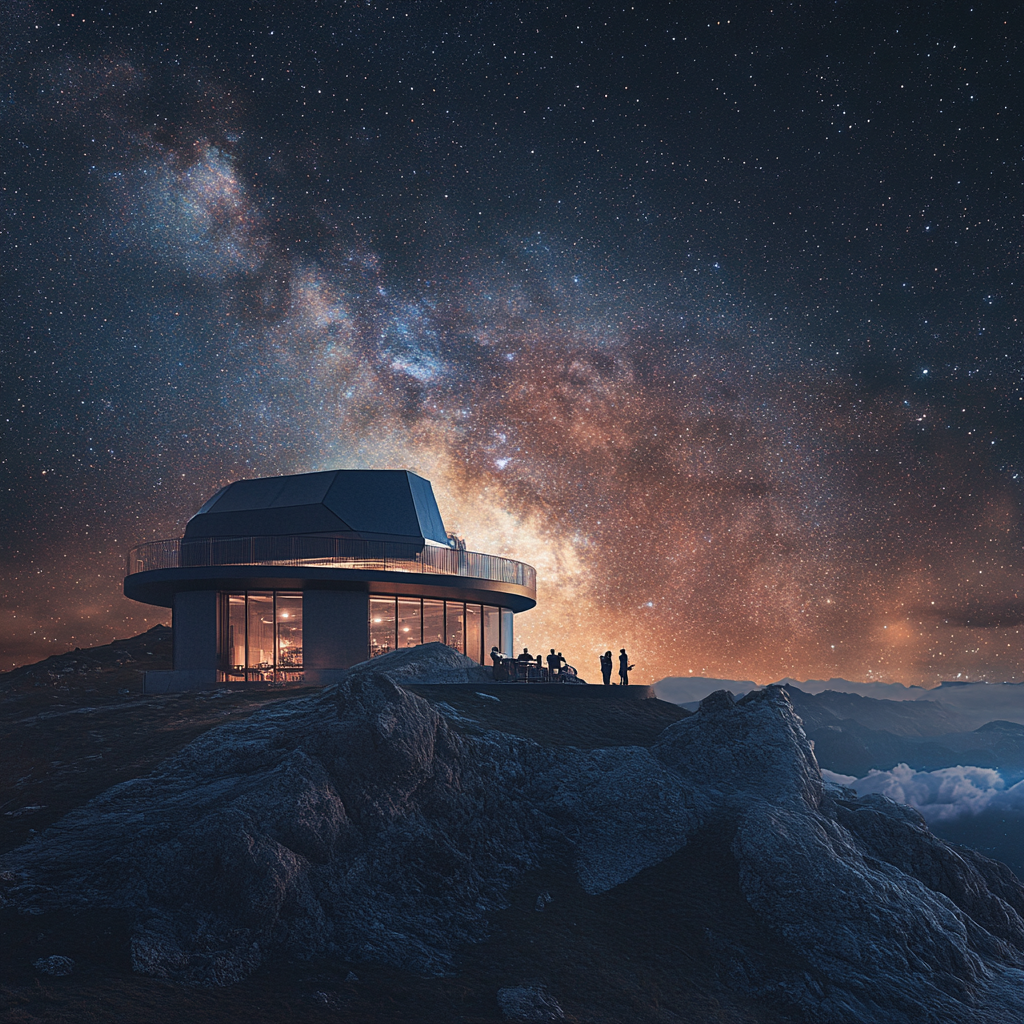 High-Tech Observatory on Mountaintop with Astronomers Studying Night Sky