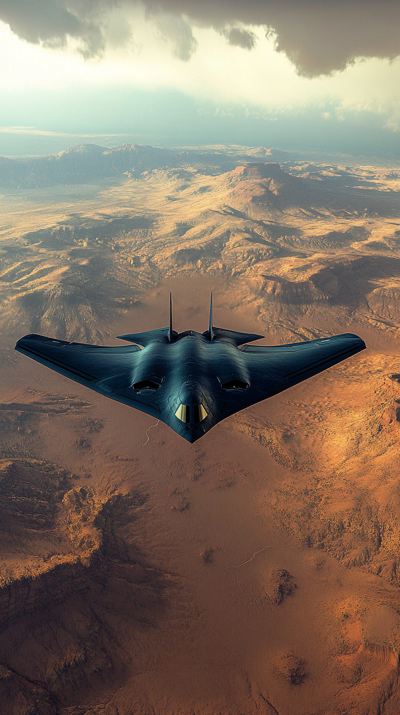 High-altitude view of B-21 Raider flying over desert.