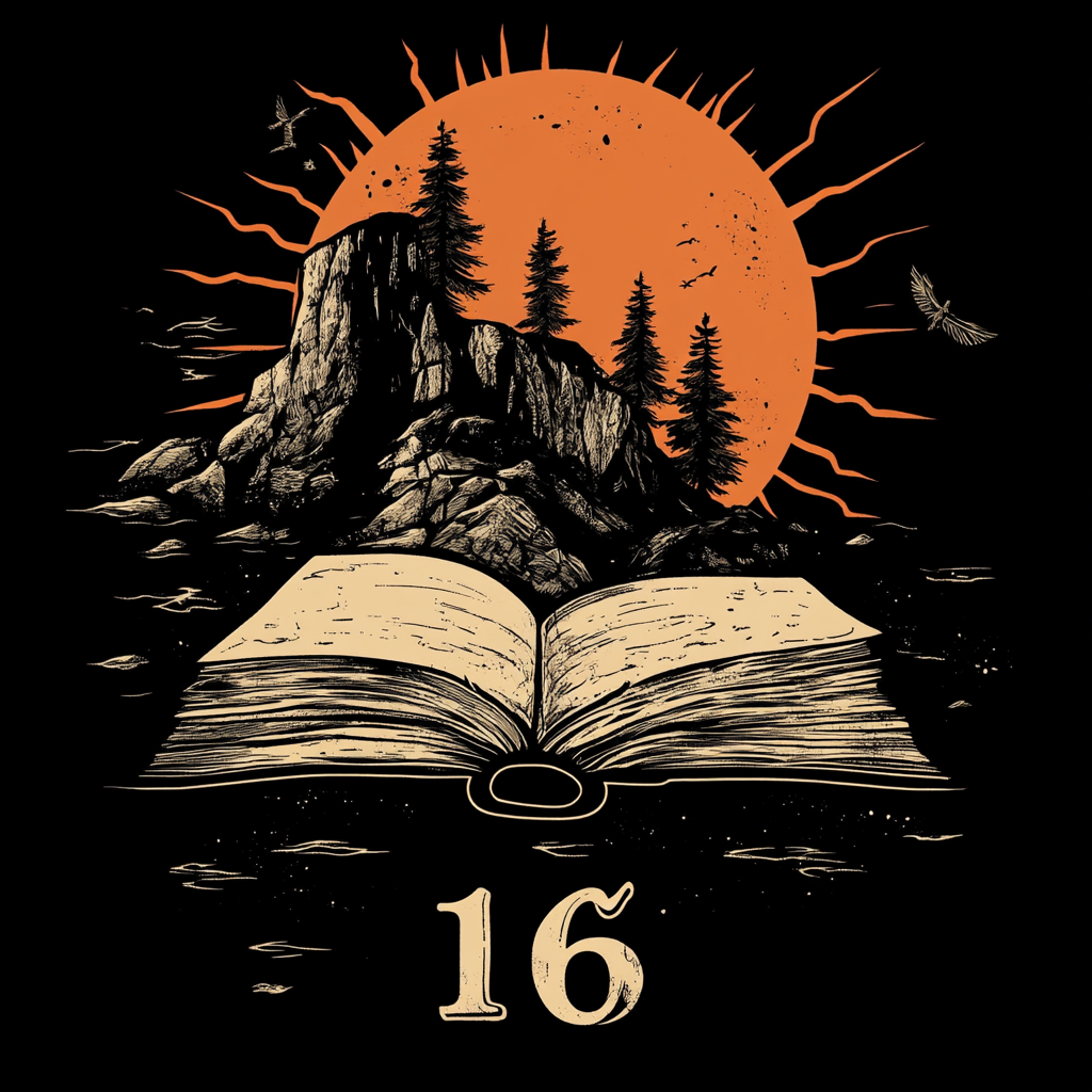 High contrast funky tee shirt design with sun, island, book, and number 16.