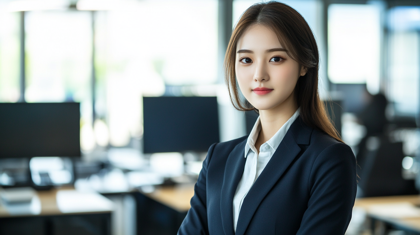 High contrast photo of beautiful Asian woman in office.