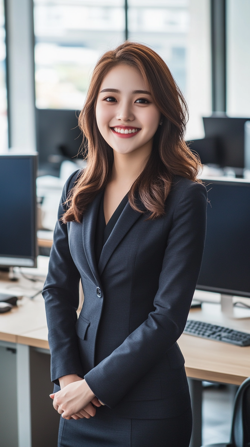 High contrast photo of smiling Asian business woman, no freckles.