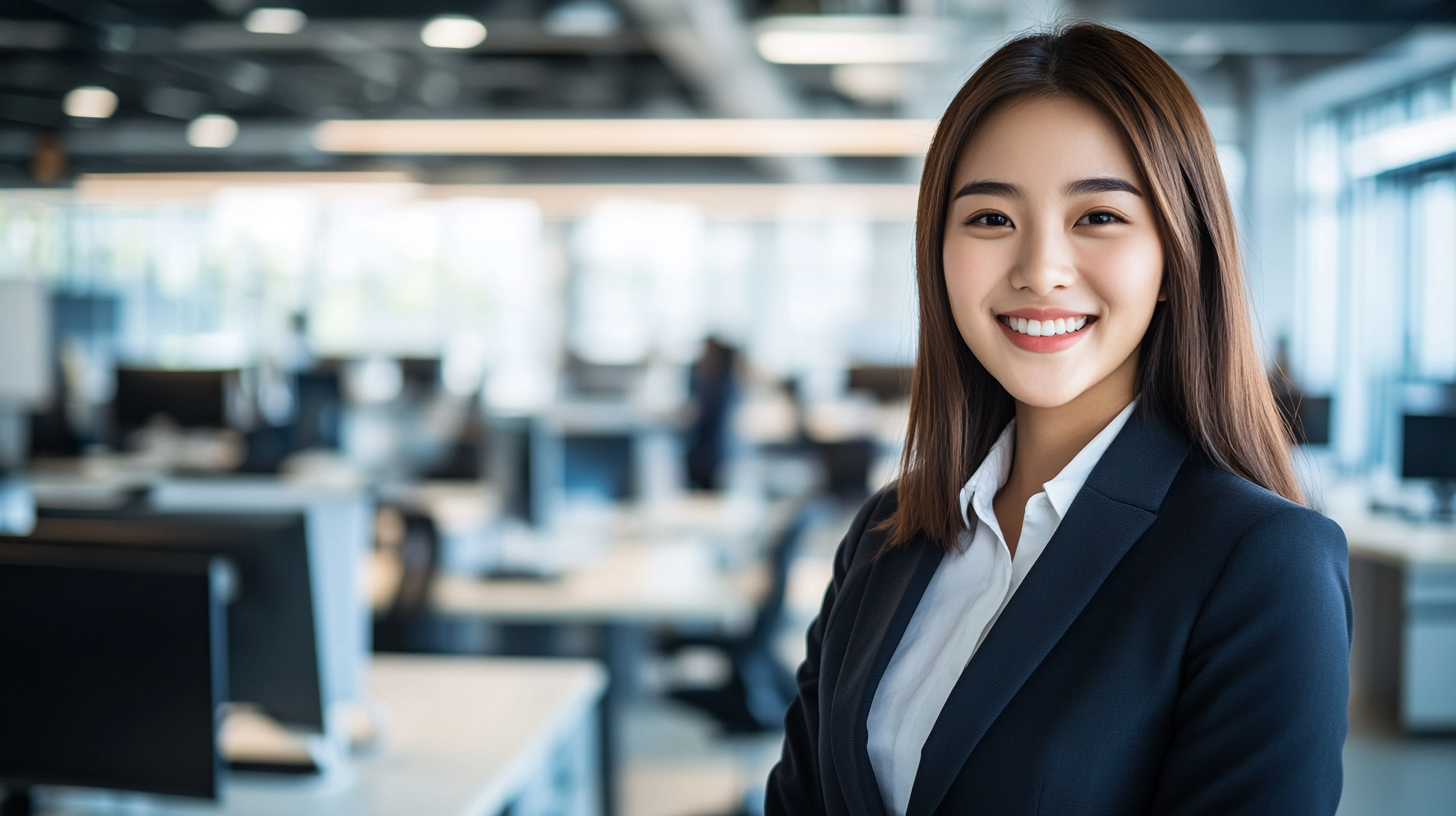 High contrast photo of young Asian woman smiling.