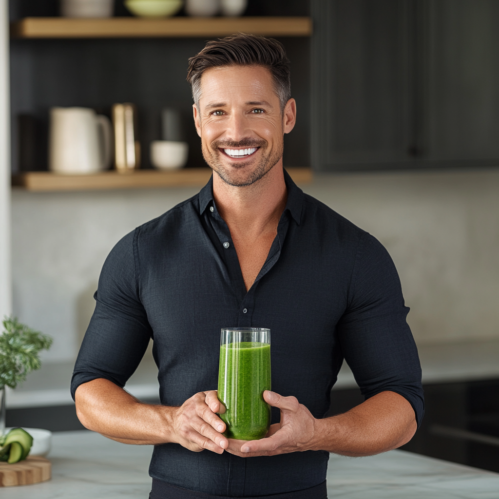 High-def image of man in kitchen with smoothie, exuding strength and luxury.