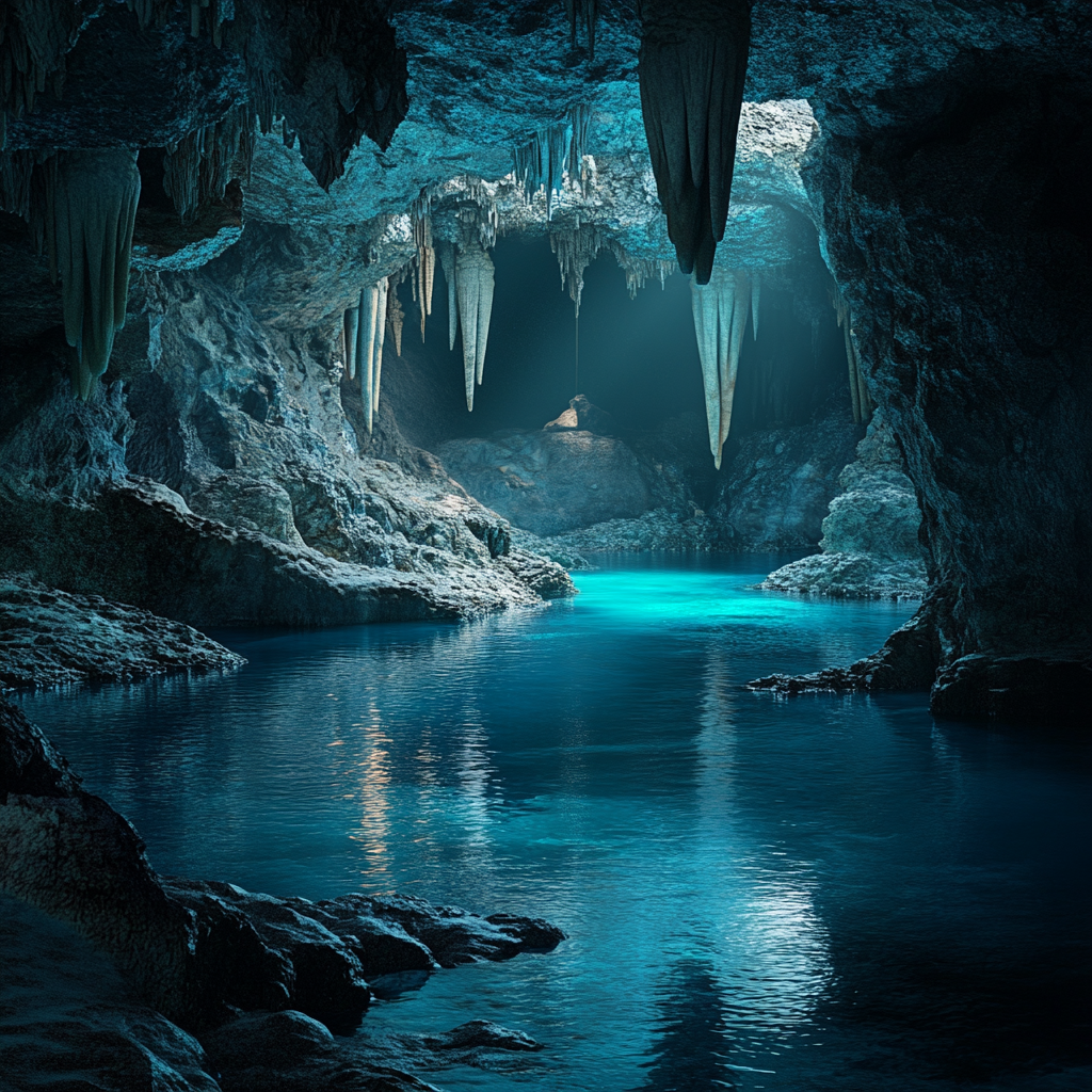 High-definition 4K image of fantastical landscape with blue pond.