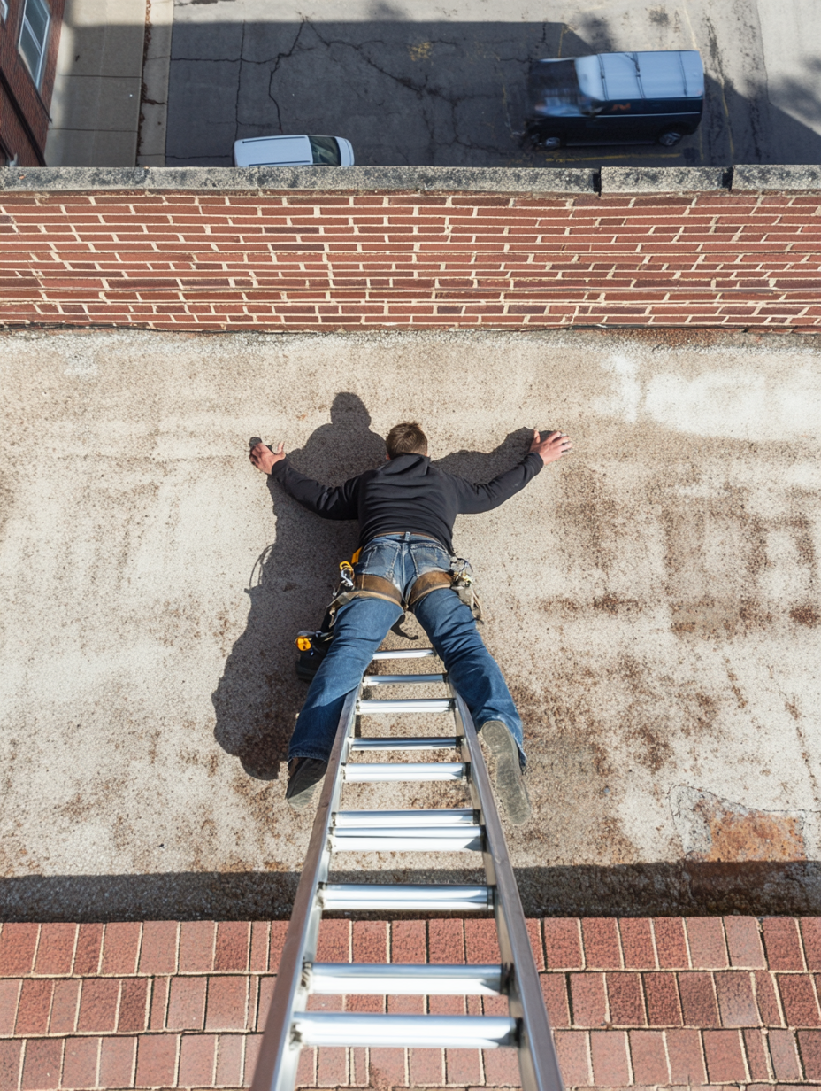 High-definition rooftop view: fallen person and ladder