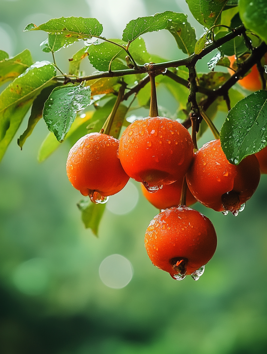 High detail photo of 7 persimmons on branch.