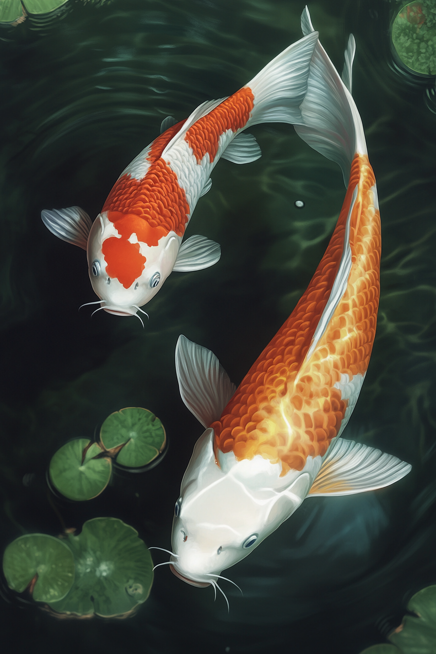 High detailed realistic canon eos shot of two koi.