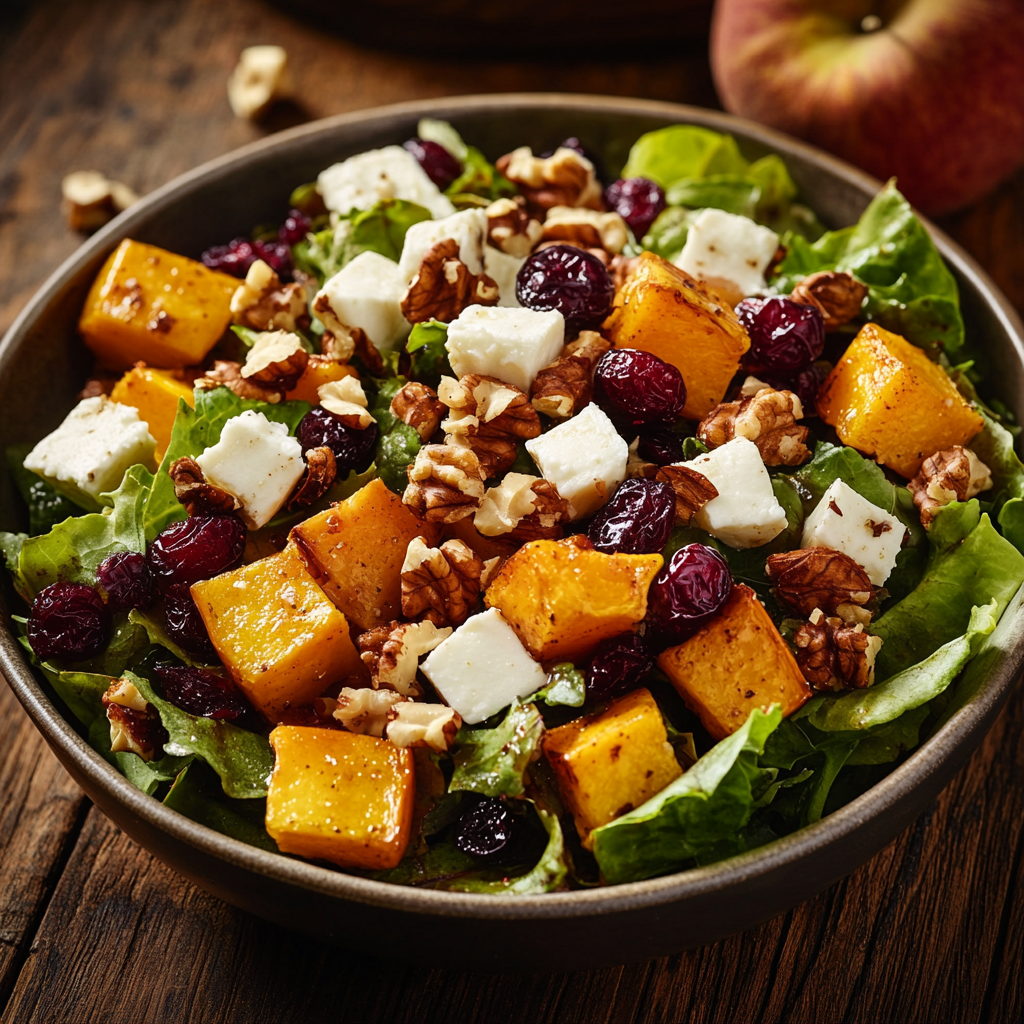 High-end photo of Sunset Orchard Salad on rustic table.