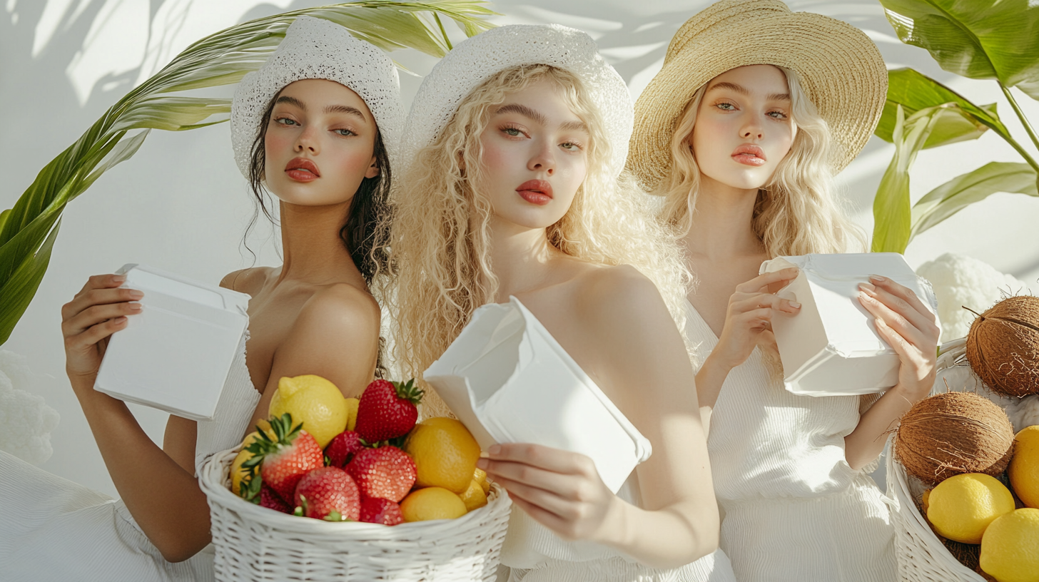 High fashion photo of models with milk cartons, fruits.