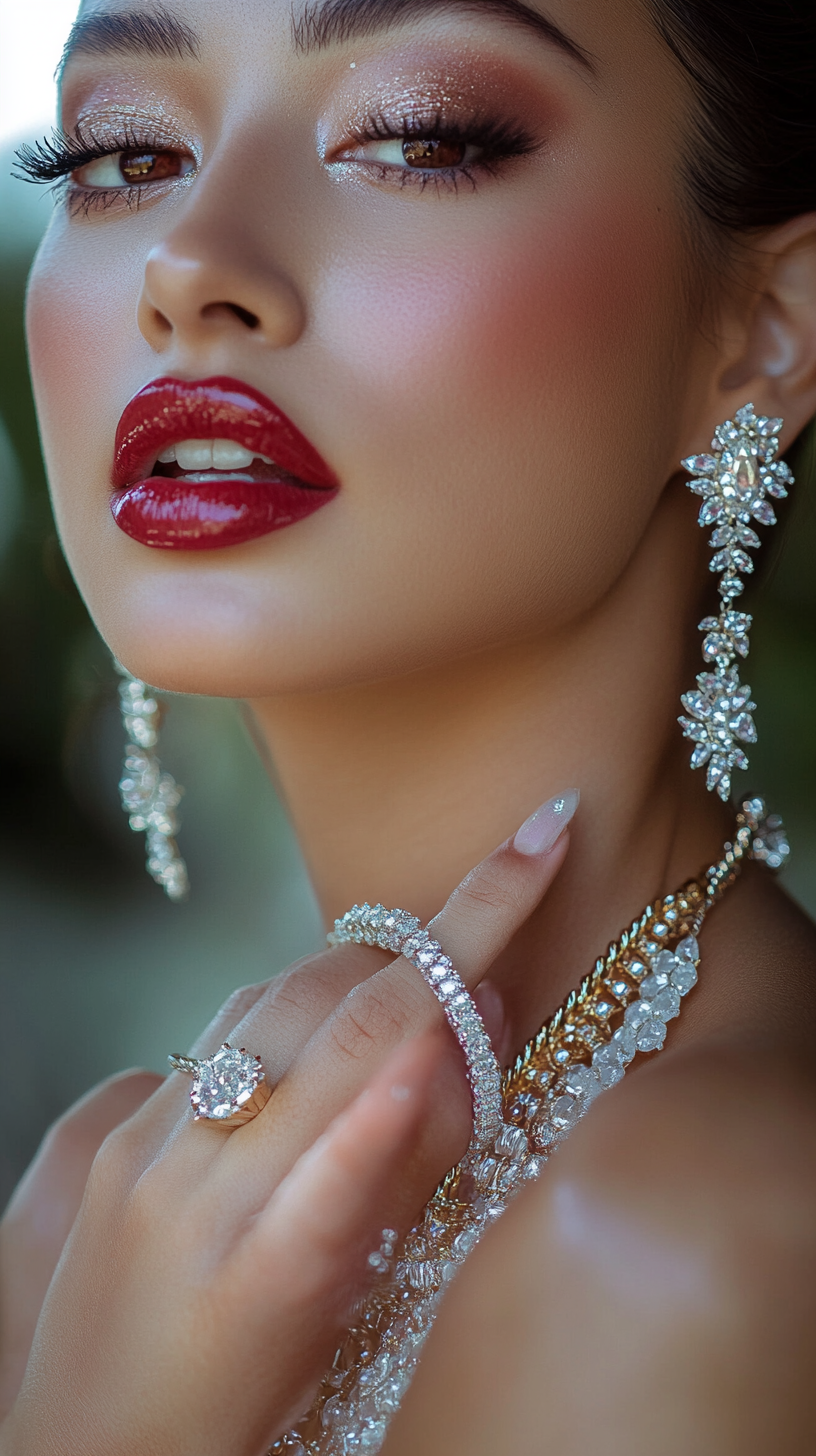 High-fashion portrait of California Latina exuding luxury. Euphoric expression, shimmering jewelry, flawless makeup.