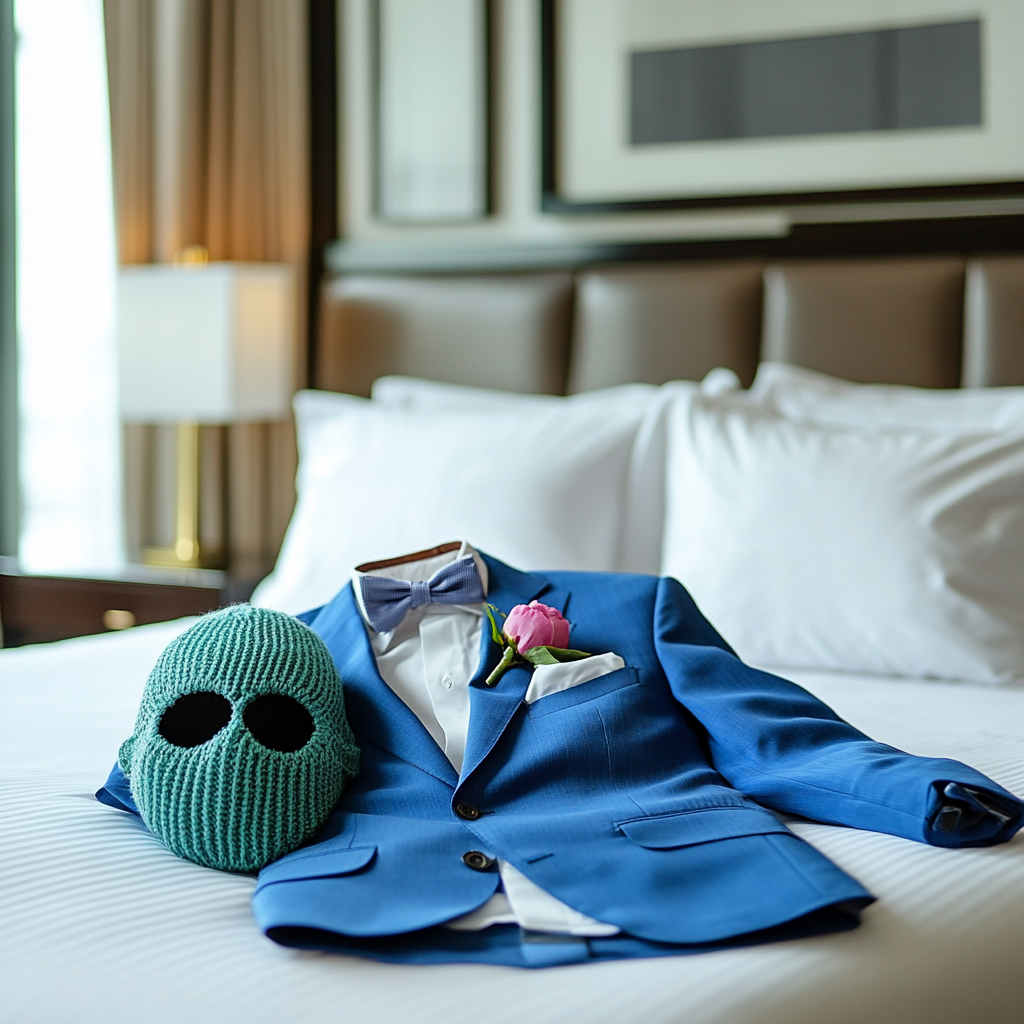 High quality image of blue suit, ski-mask.