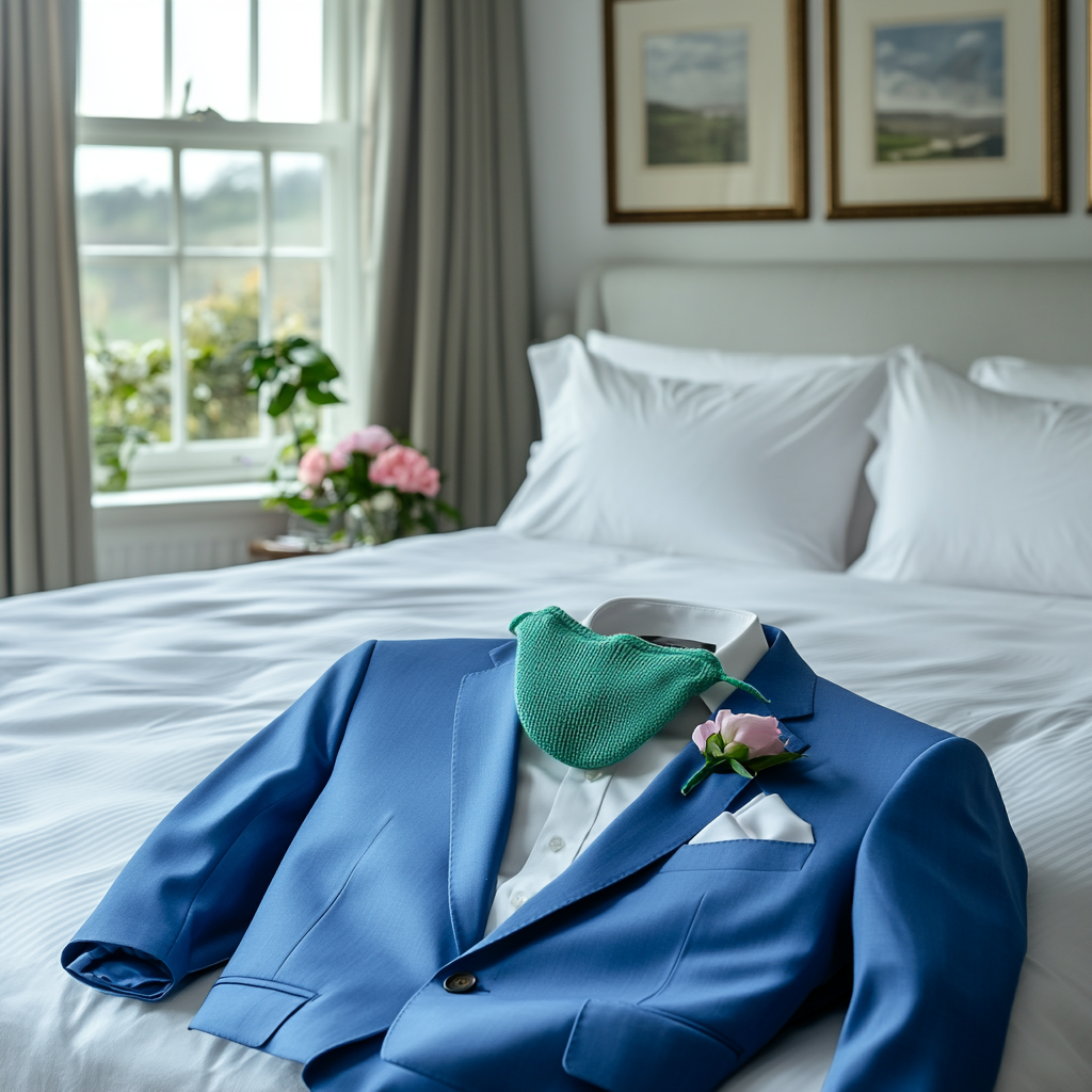 High quality image of blue suit on bed.