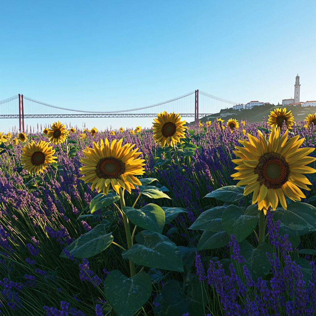 High-quality image of sunflowers with Lisbon landmarks, realistic lighting