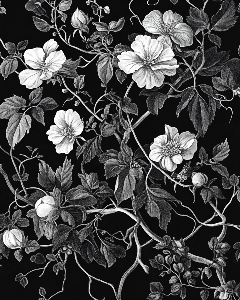 High-quality monochrome illustration of botanical glyphs, ribbons, flowers.