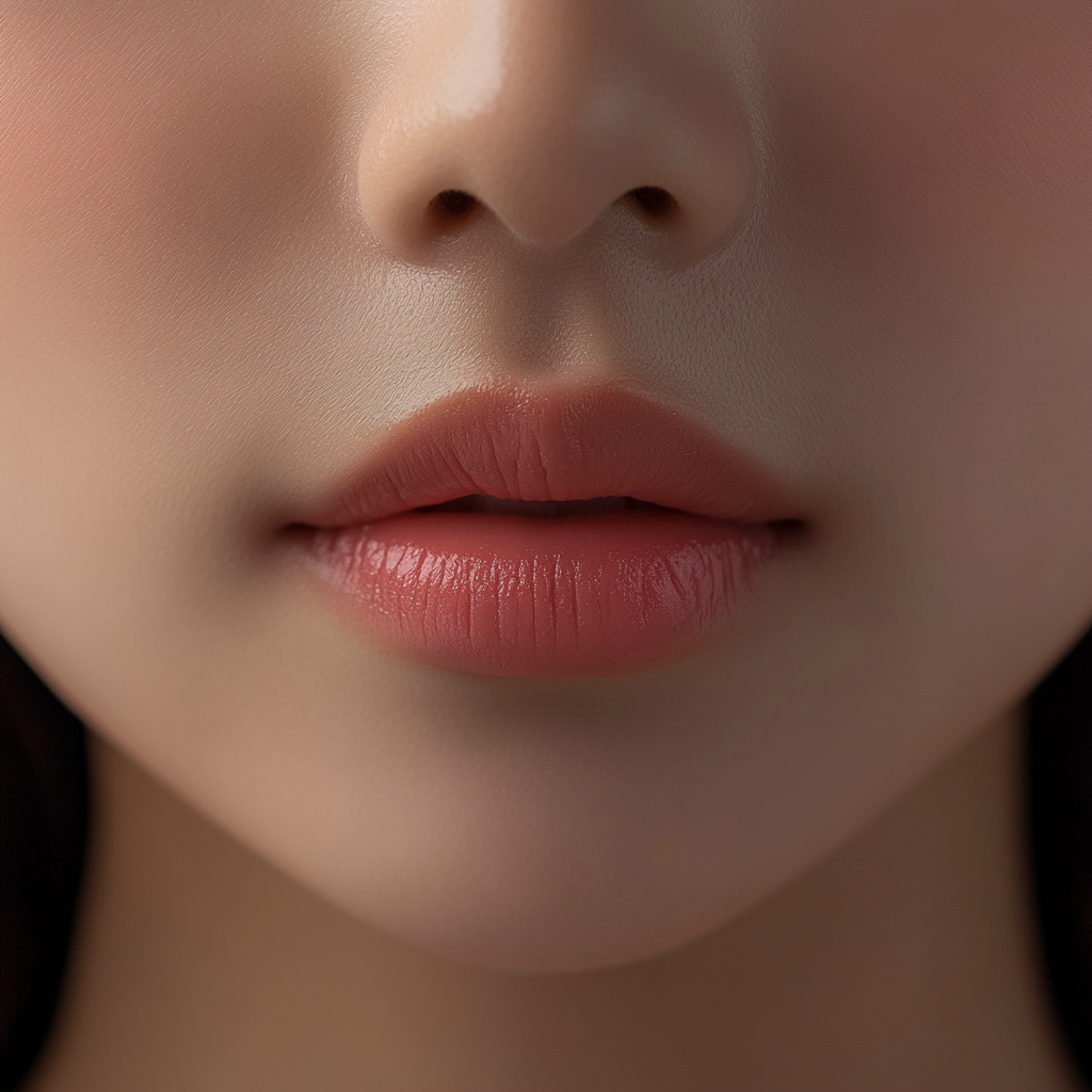 High-quality photo of natural plump pink lips, cinematic tone.