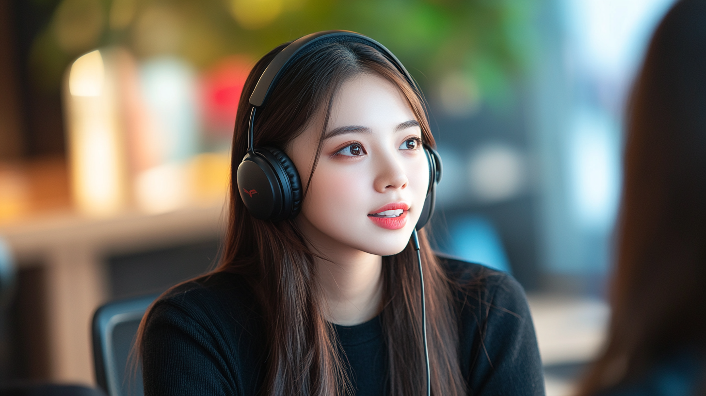 High quality photo of young Asian woman talking.