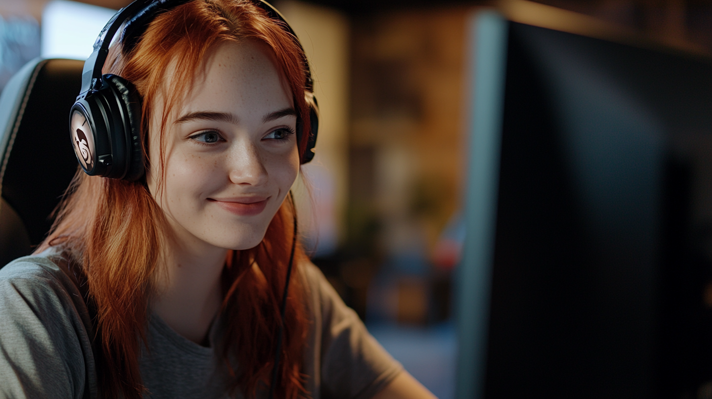 High quality photograph of young woman at desk smiling.