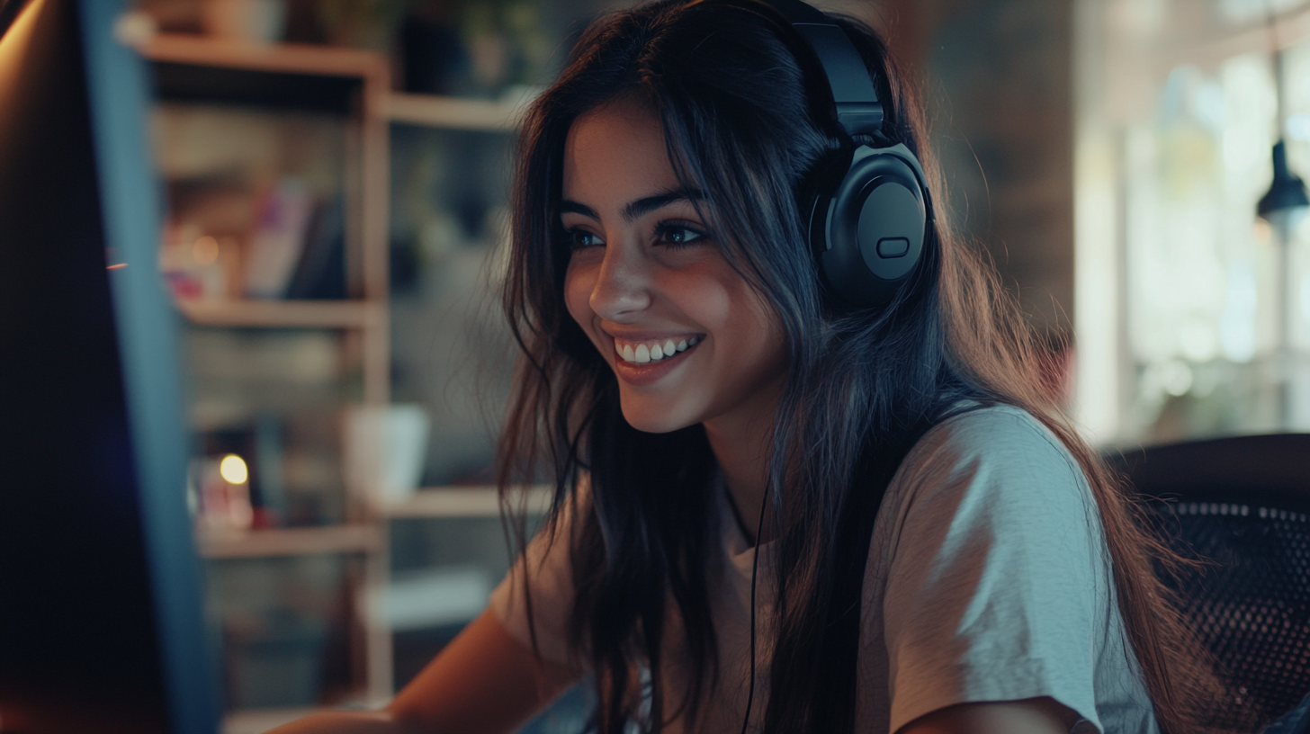 High quality photograph: smiling attractive girl at computer desk.