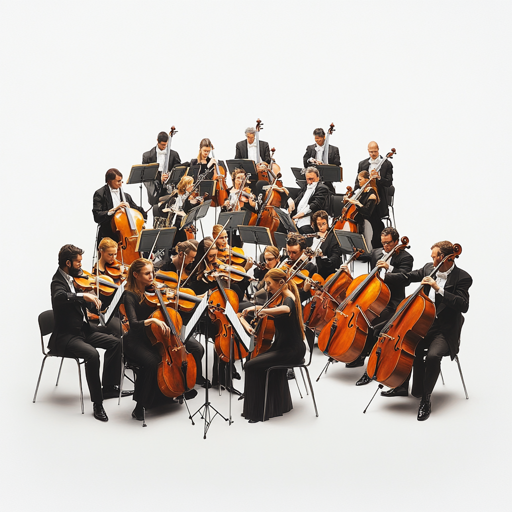 High quality ultra realistic image of orchestra from side.