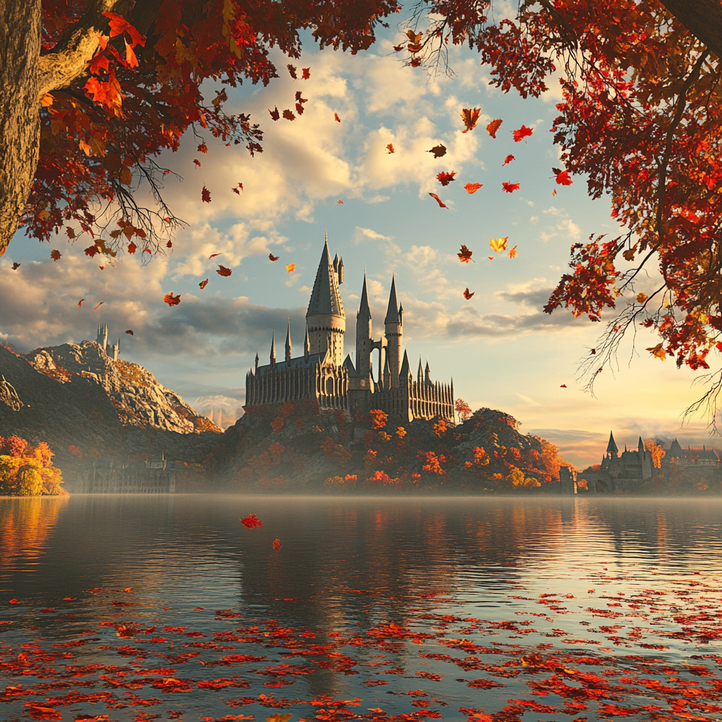 High-res, hyper-realistic Hogwarts in fall, serenely magical scene.