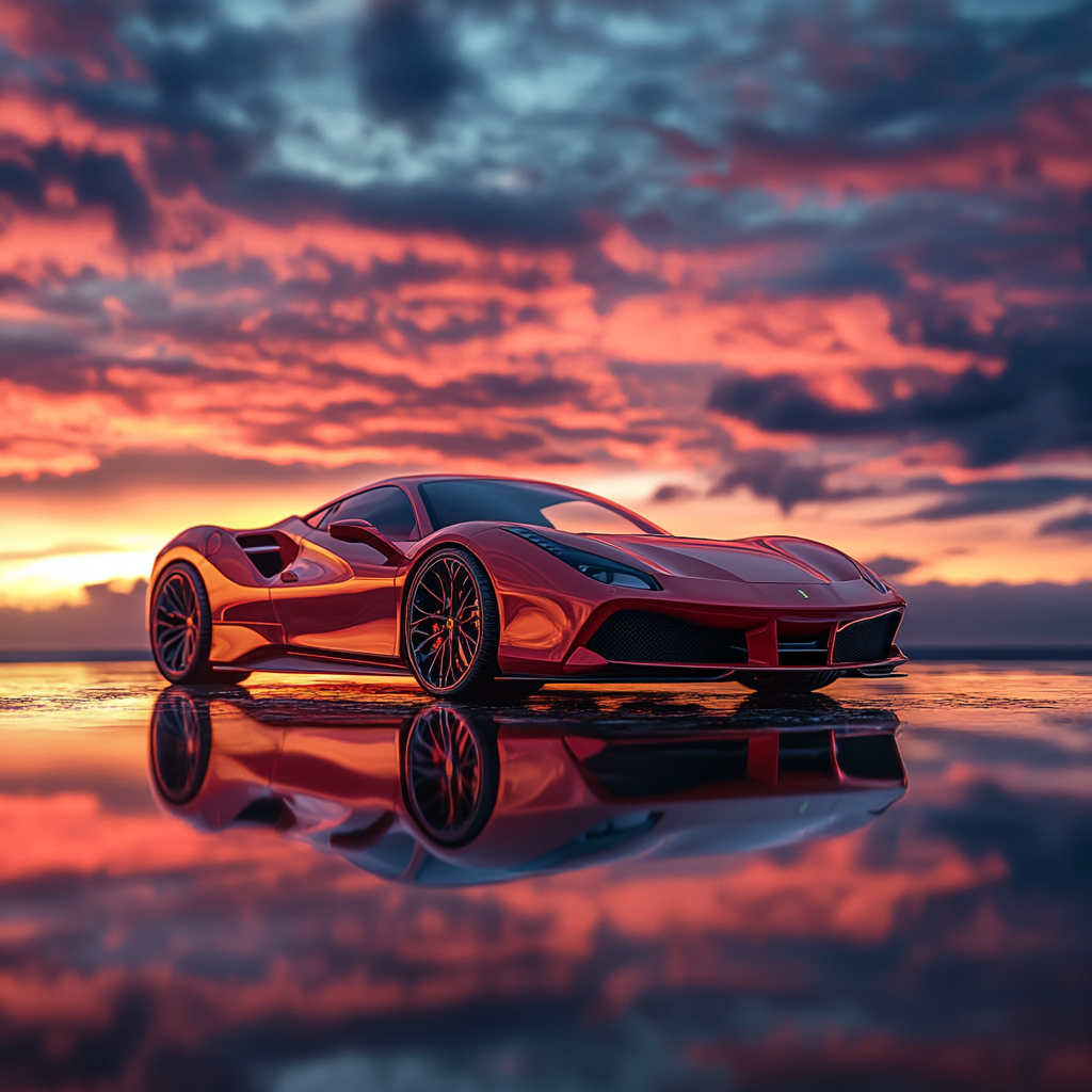 High-resolution Ferrari image under sunset sky with warm hues and reflections