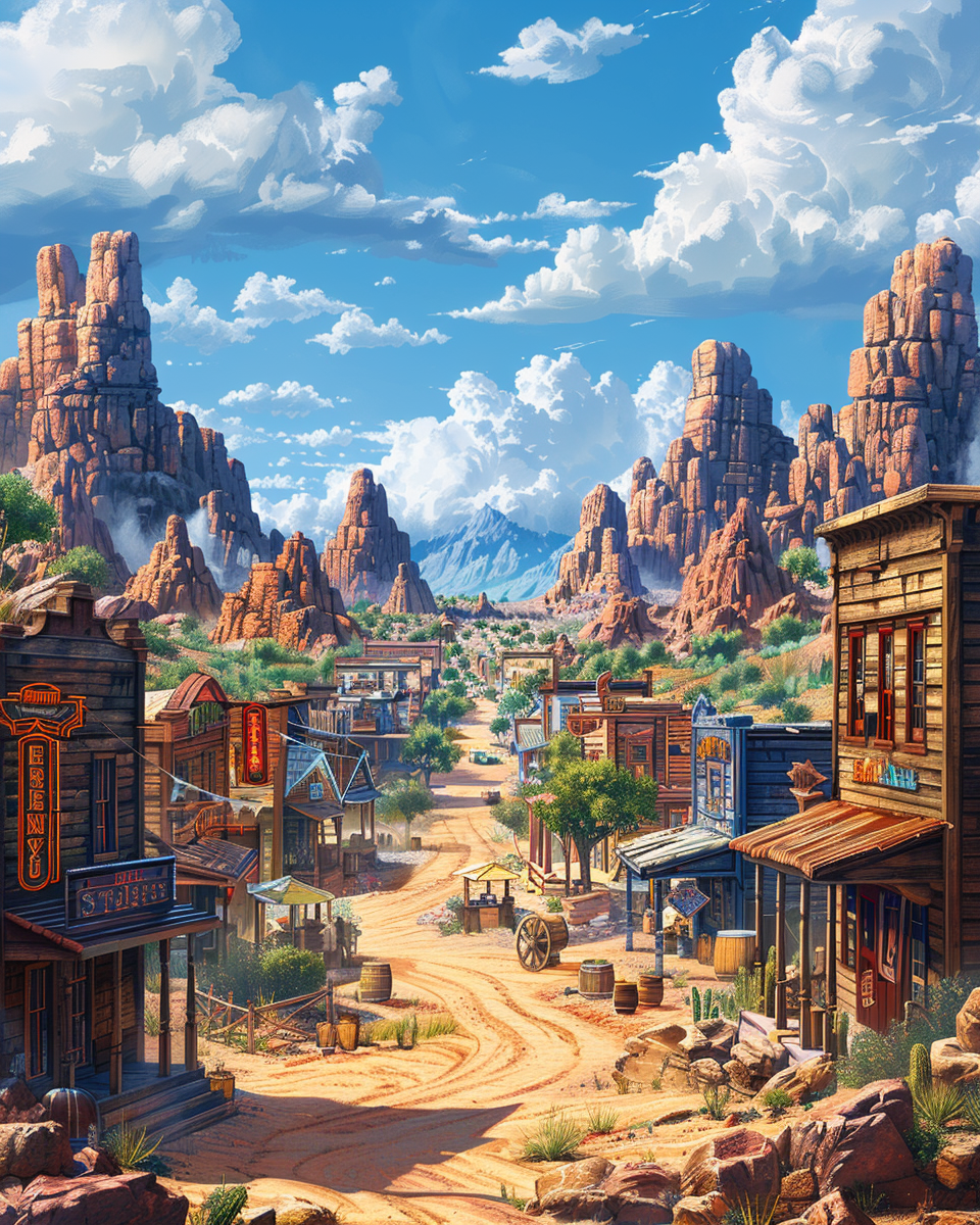 High resolution cartoon style illustration of dusty town.