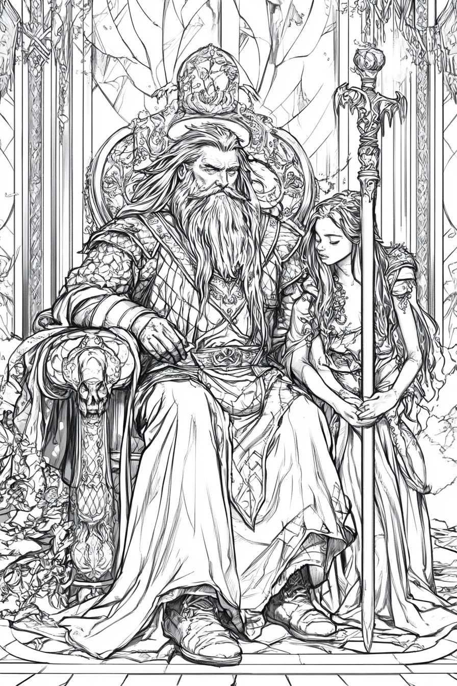High-resolution coloring book scene for adults, no grayscale.