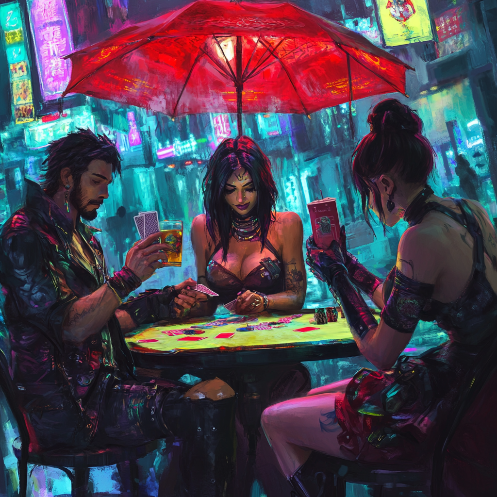 High resolution digital paintings of people playing cards.