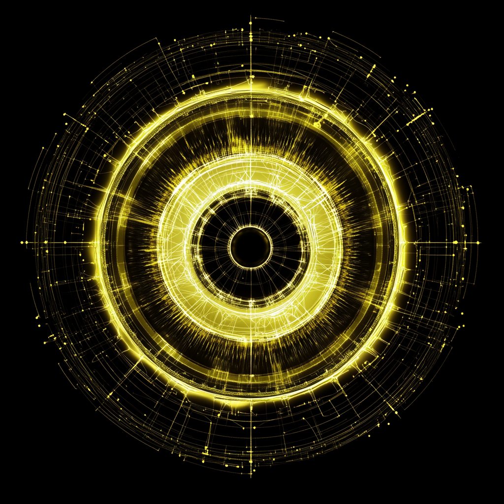 High-resolution image of motor cycle wheel symbol. Yellow, black, futuristic wireframe digital art. Cyberpunk style.