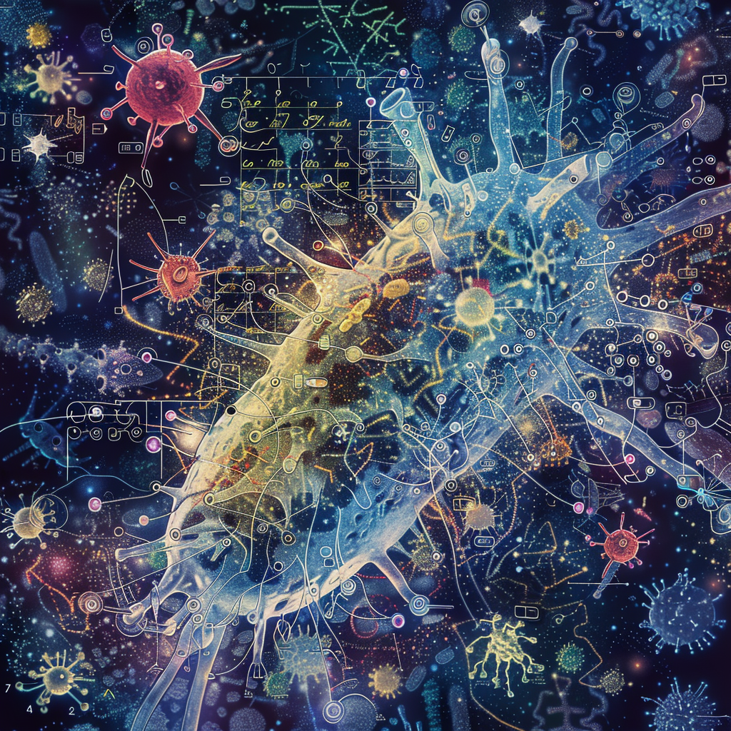 High resolution legionella bacteria surrounded by chemical compounds.