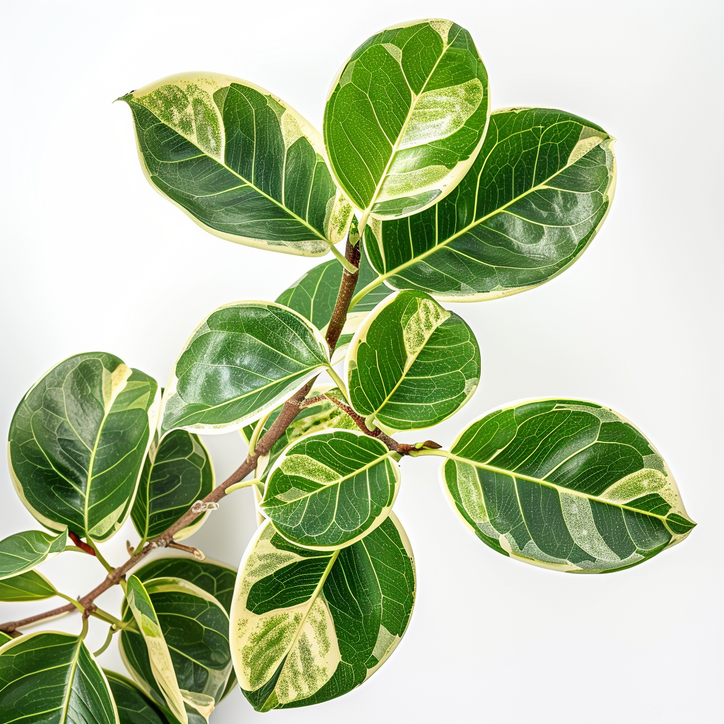 High-resolution photo of Ficus elastica with variegated leaves.