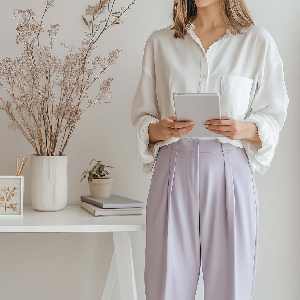 High resolution photo of woman holding iPad, autumn theme.